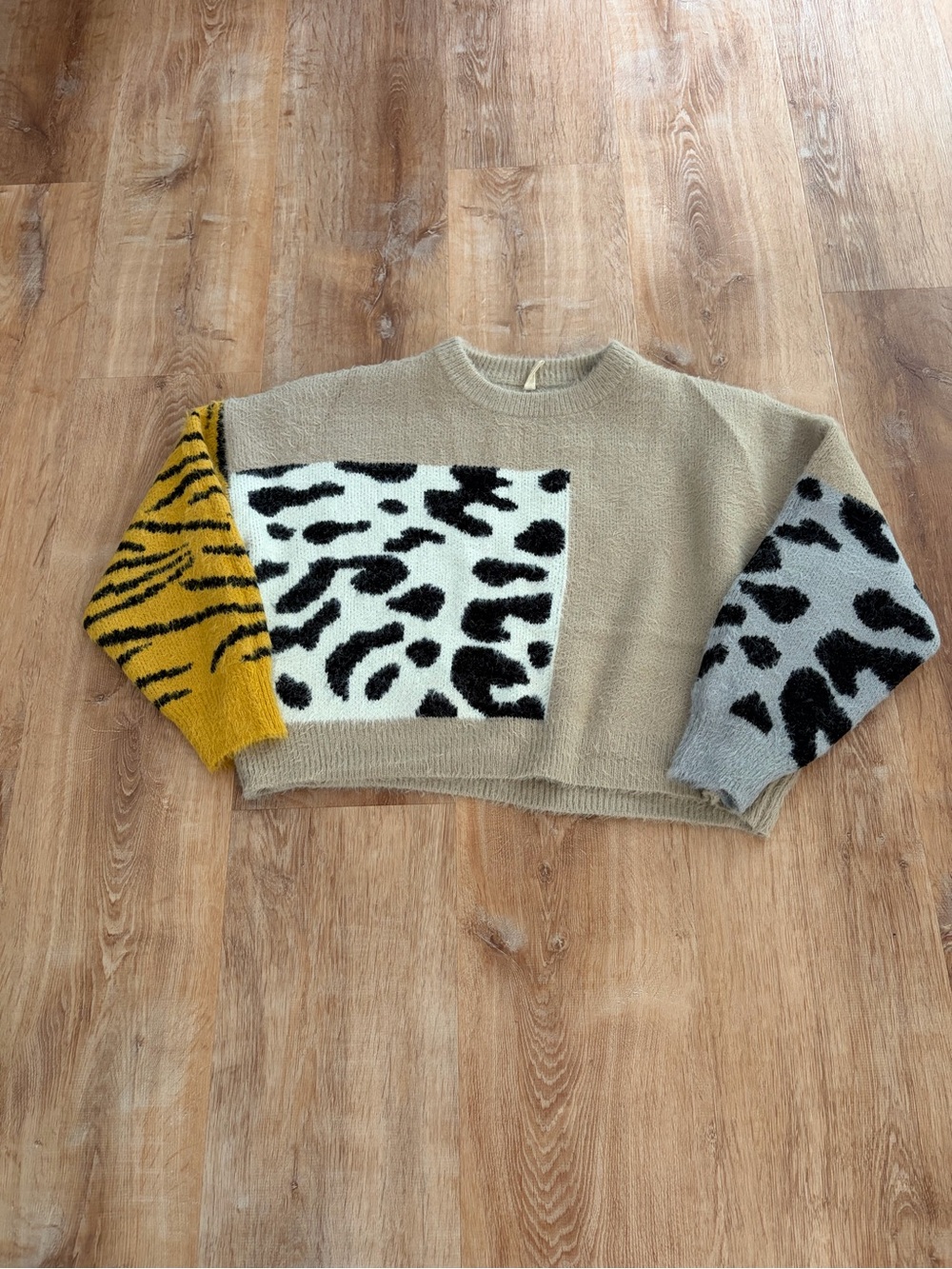 Elan Beige Crewneck Sweater with Yellow and Gray Animal Panels